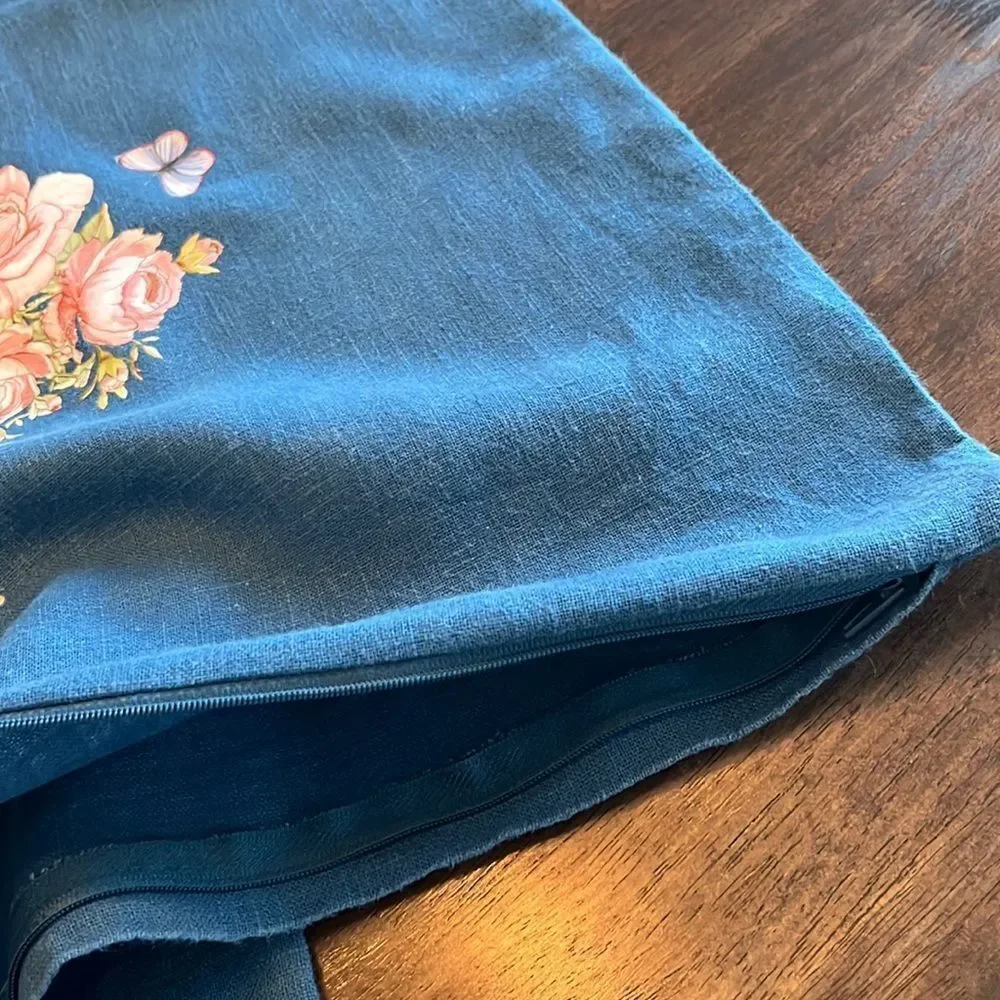 IKEA Blue Upcycled Pillow Covers w/ Floral Transfers w/ Zipper Closure- 2 pcs.